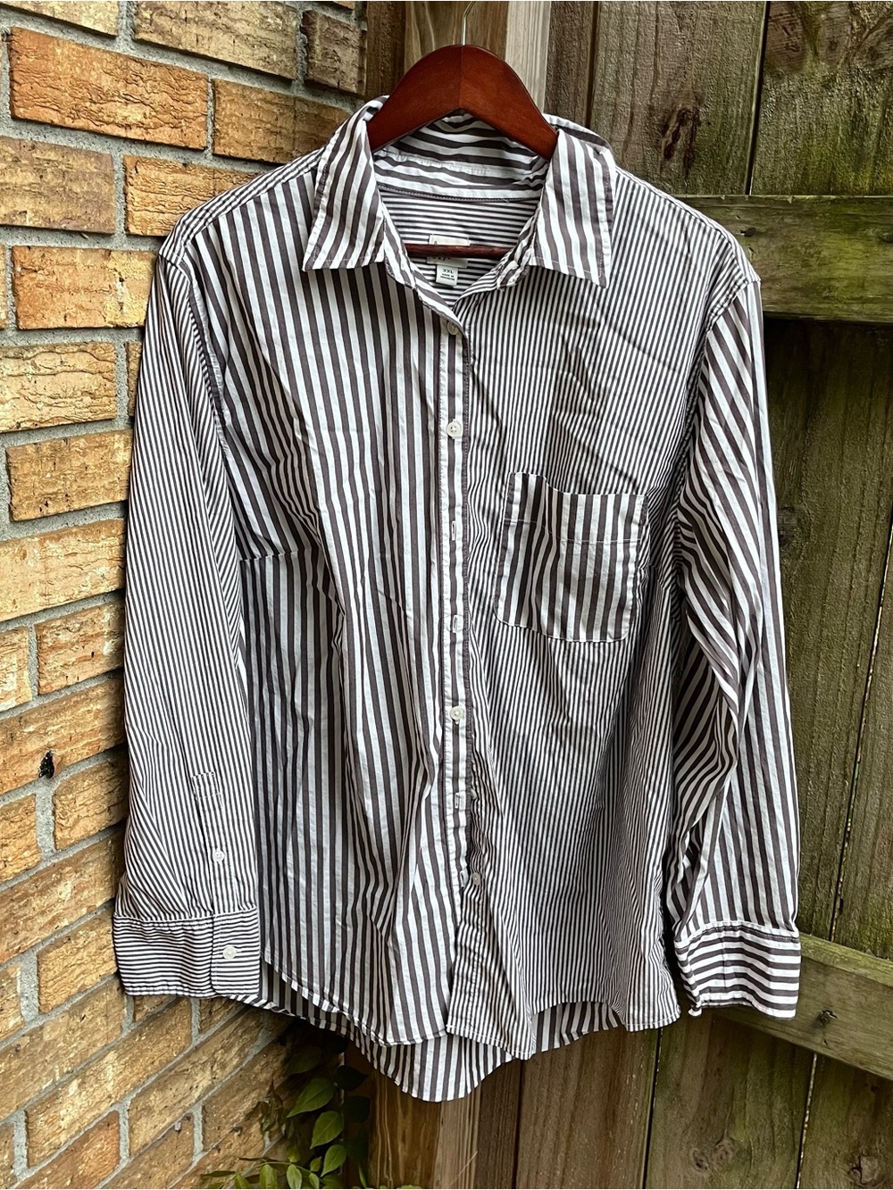 a new day Women's Brown and White Vertical Stripe Button-Down Shirt